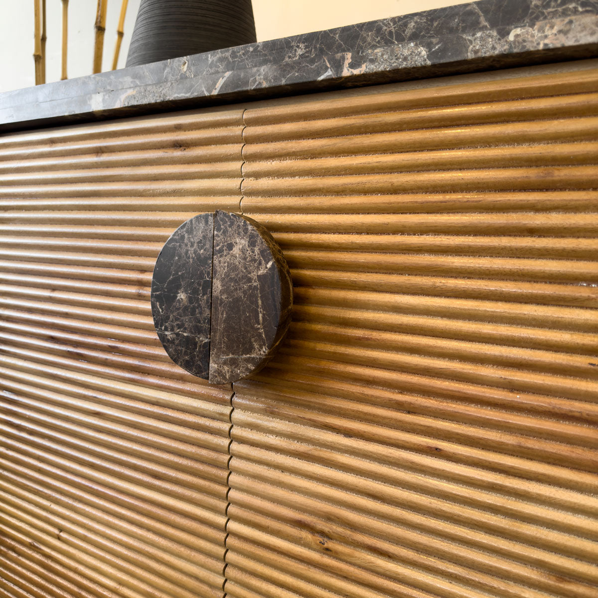 Black Marble Handle Ridged Mango Wood Sideboard