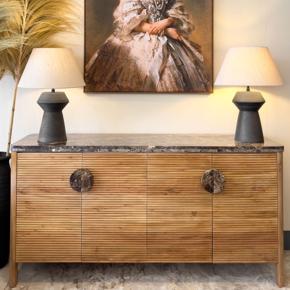 Black Marble Handle Ridged Mango Wood Sideboard