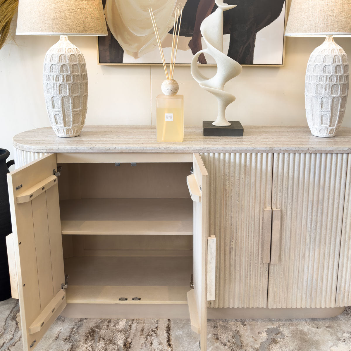 Ridged Mango Wood & Travertine Marble Pill Sideboard
