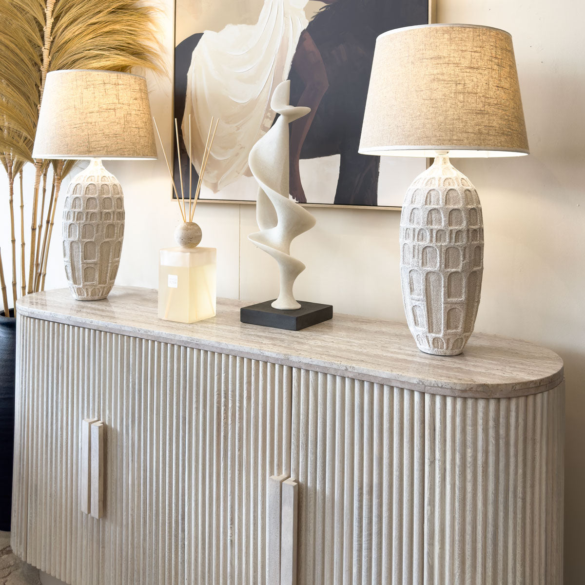 Ridged Mango Wood & Travertine Marble Pill Sideboard