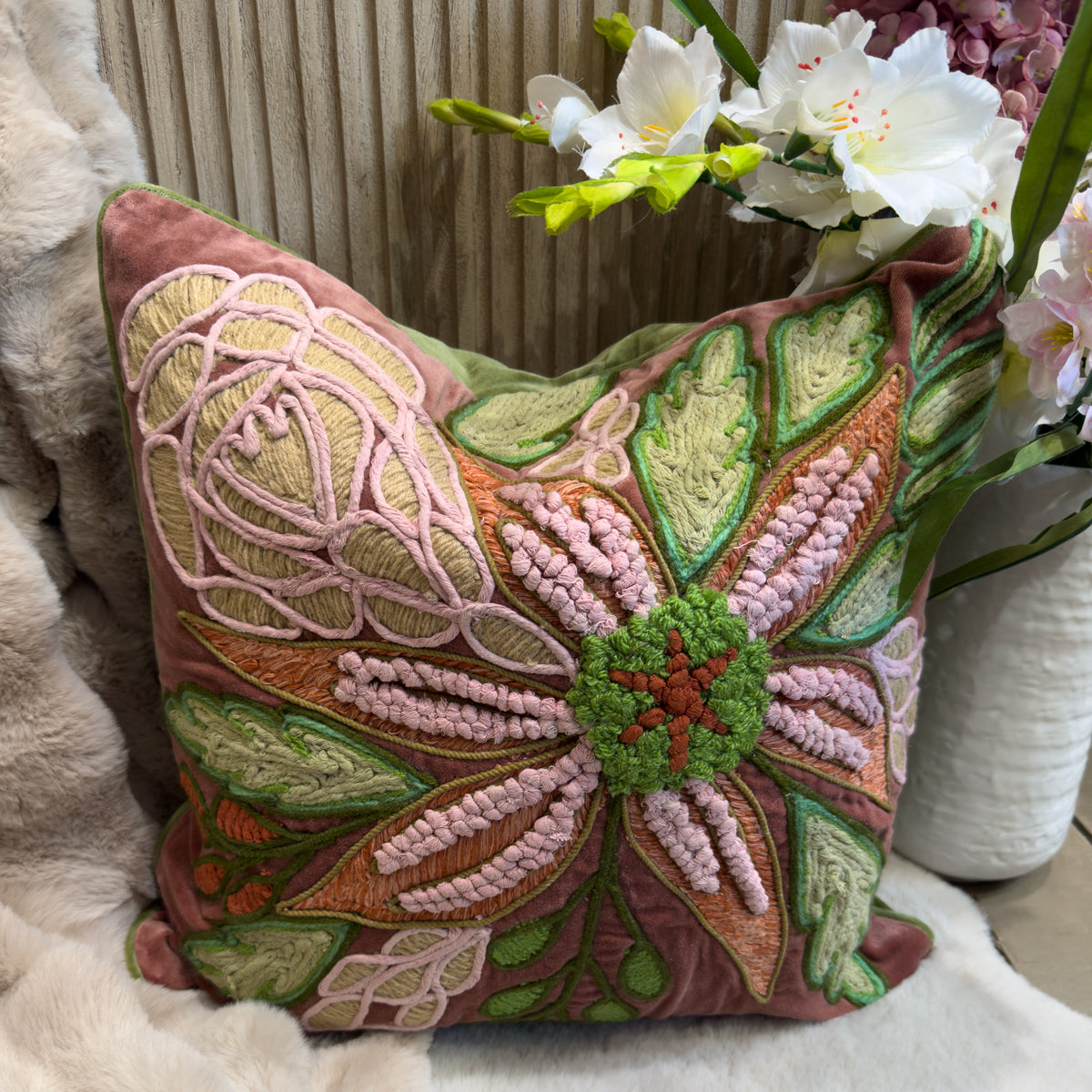 Rose Pink & Green Embroidered Flower Cushion -50x50cm