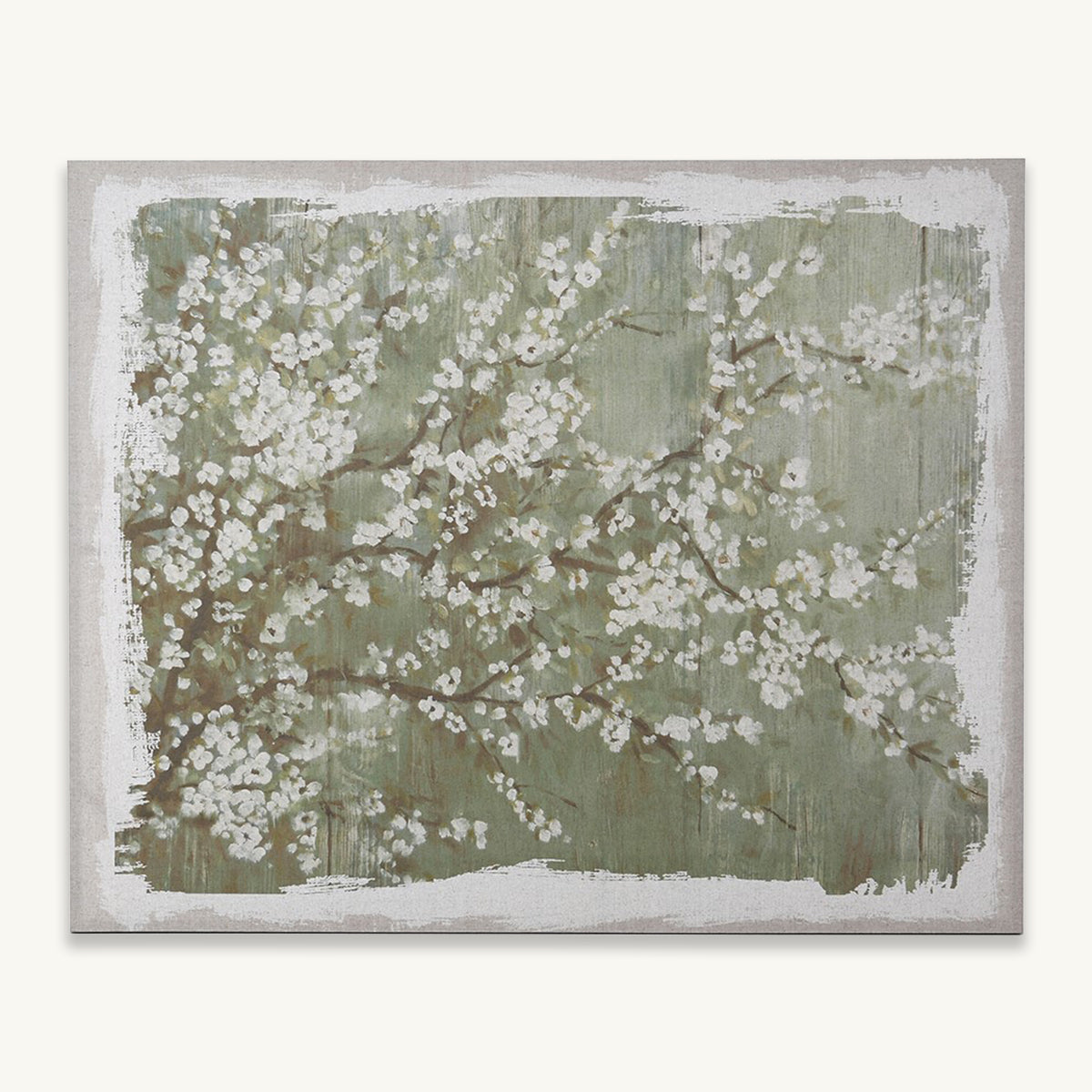 Framed artwork of cherry blossoms on a textured green background