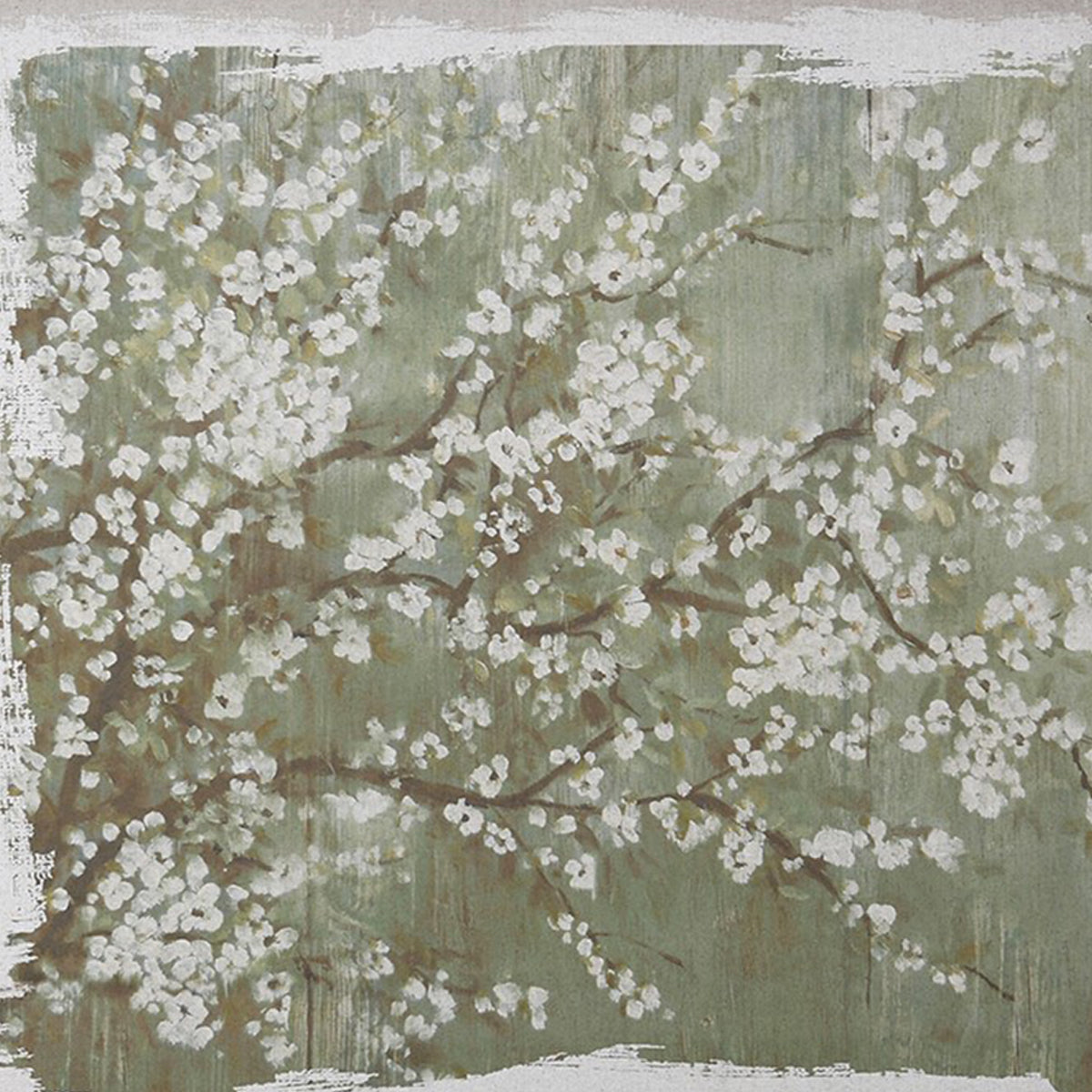 Artistic depiction of cherry blossoms on a textured green background