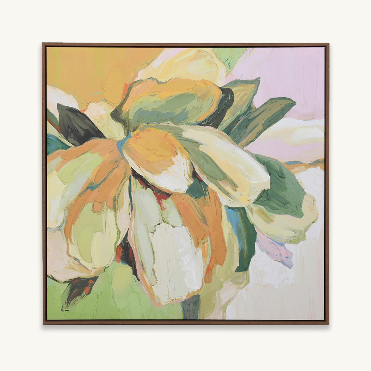 Framed abstract painting of flowers with a colorful background