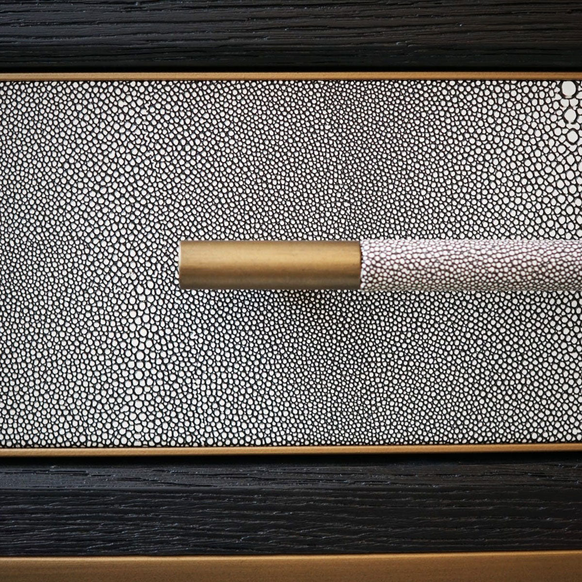 Monochrome console with shagreen texture and gold accents on a dark wooden surface
