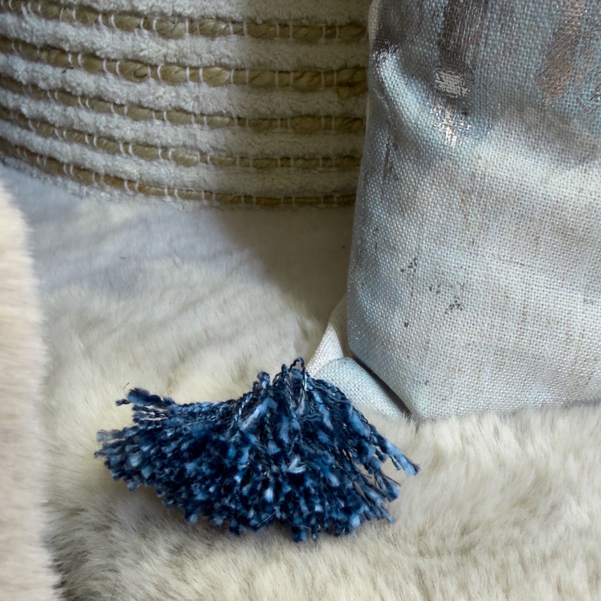Abstract Blue & Silver Tassel Cushion - 45x45cm