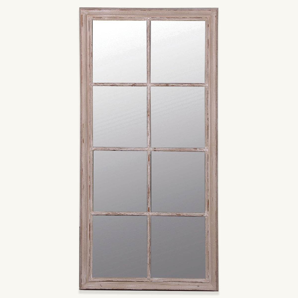 A rectangular paulowina wood mirror with a distressed finish.