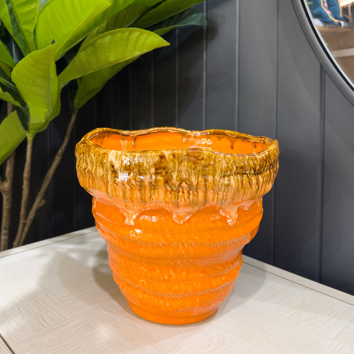 Tangerine Orange Wavy Glazed Planter - Large