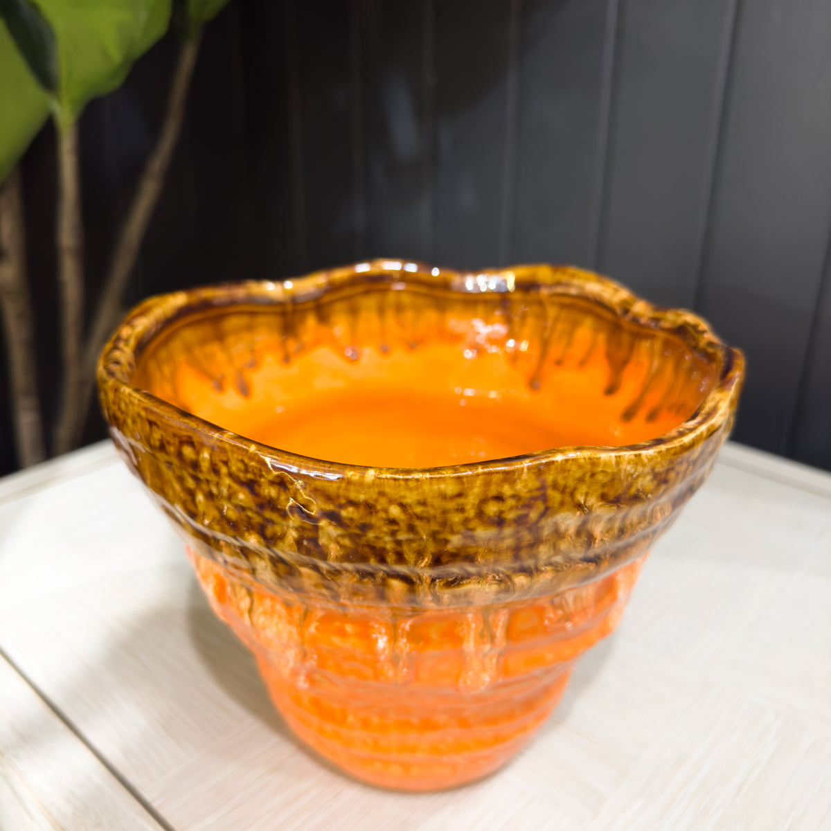 Tangerine Orange Wavy Glazed Planter - Small