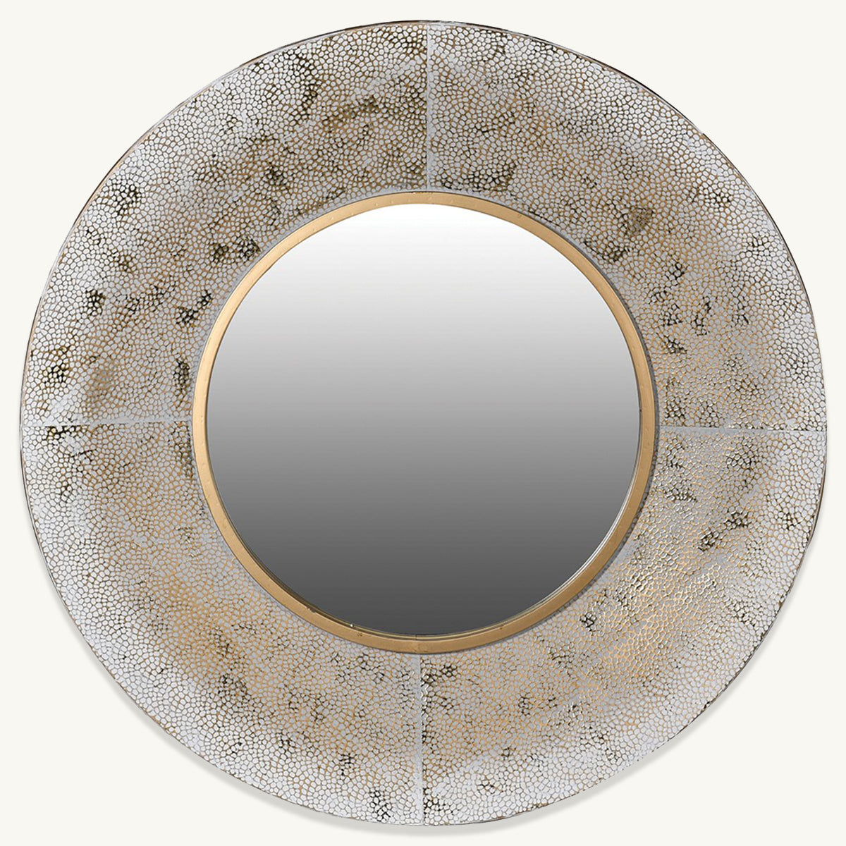A round speckled texture gold mirror with an internal circular golden border.