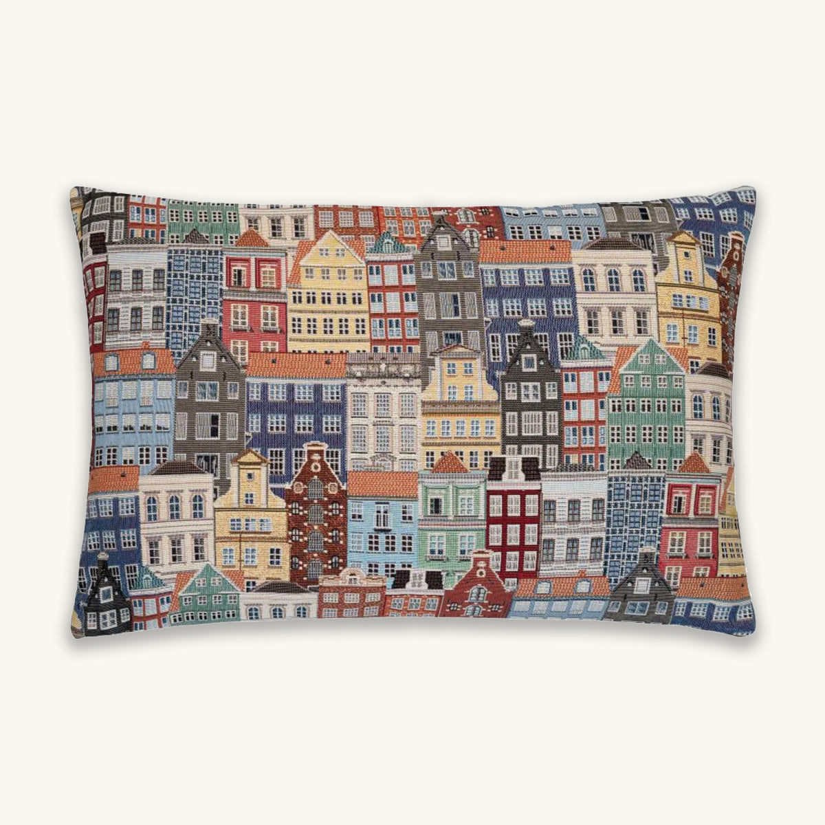 A skyline cushion which is finished in multicoloured tones against a white background