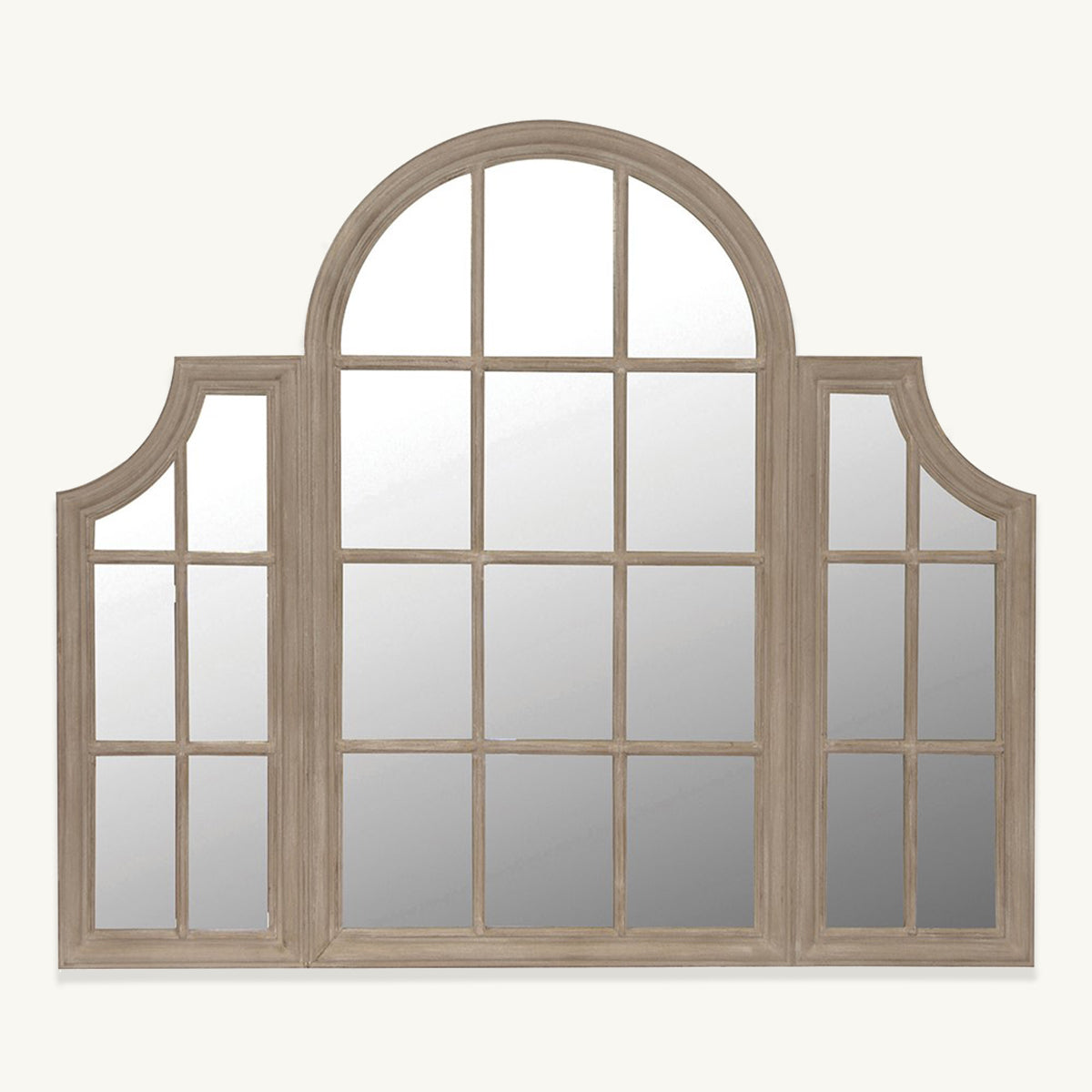 A triple windowpane mirror with a curved central pane in paulowina wood.