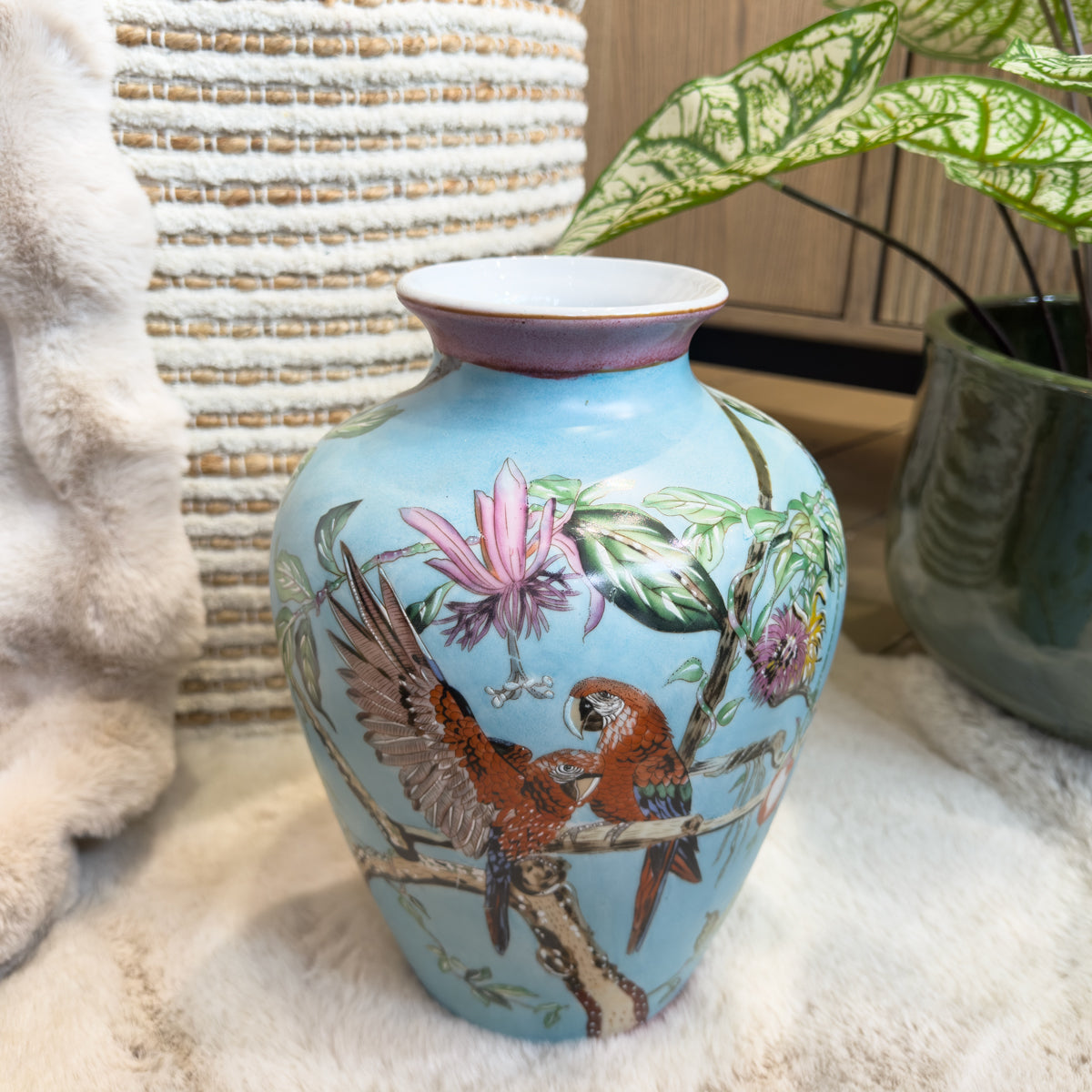 Tropical Pink & Blue Parrot Vase