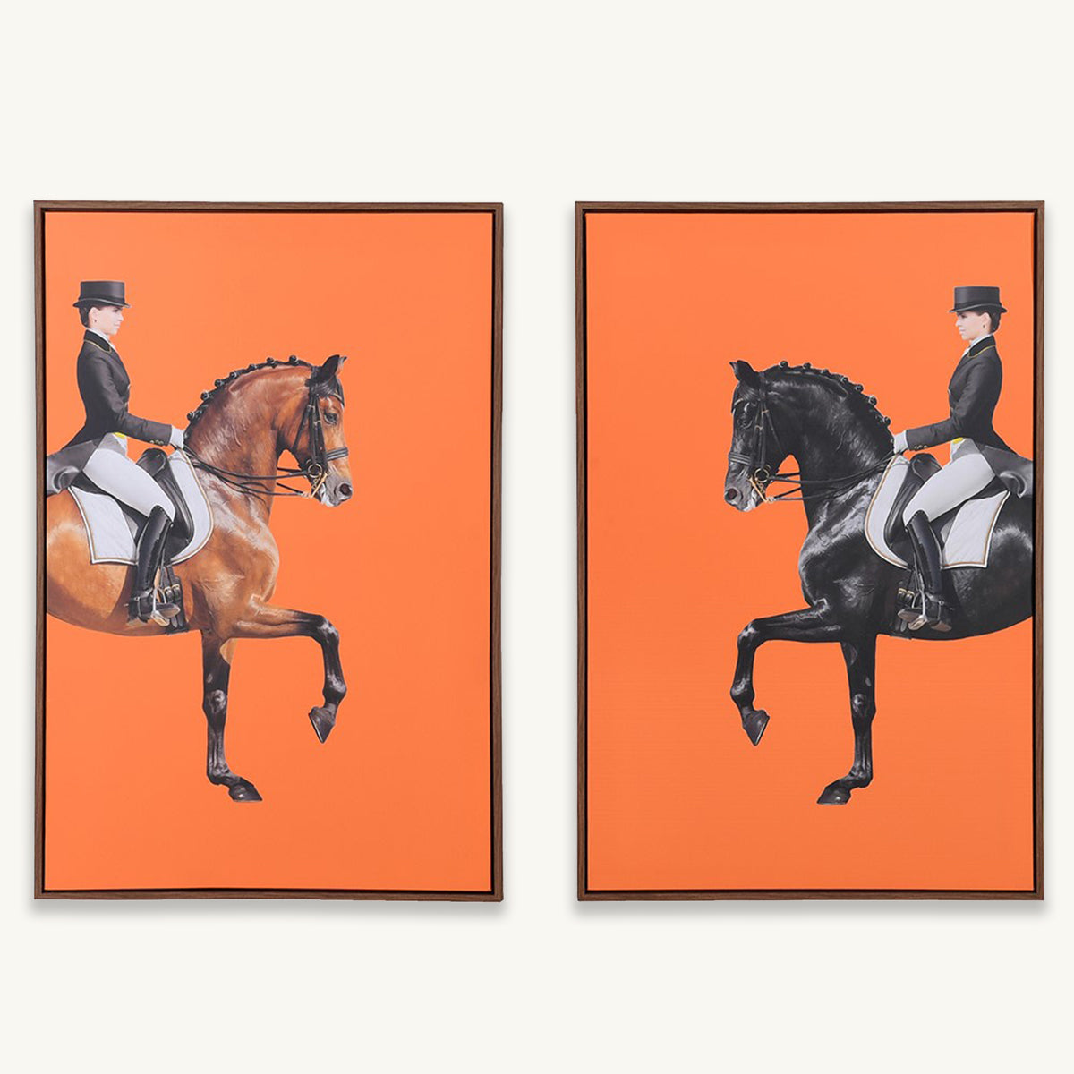 Two framed illustrations of equestrian scenes with horses on an orange background.
