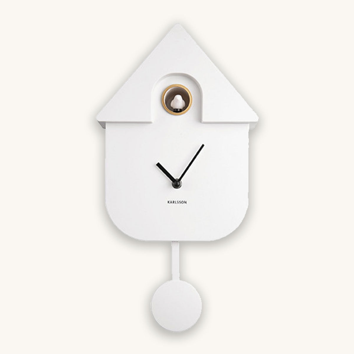 White cuckoo clock with a pendulum on a white background