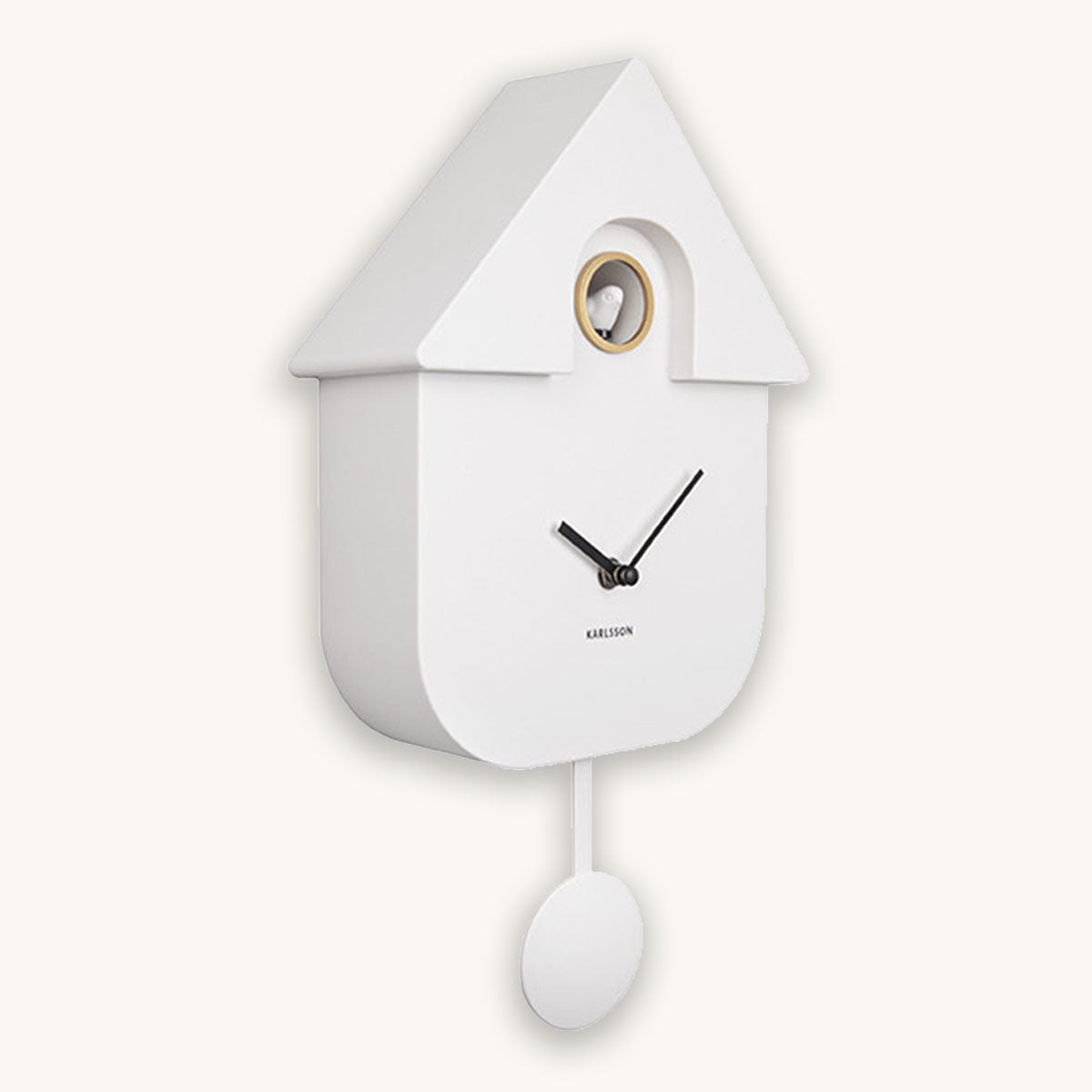 White cuckoo clock with a pendulum on a white background