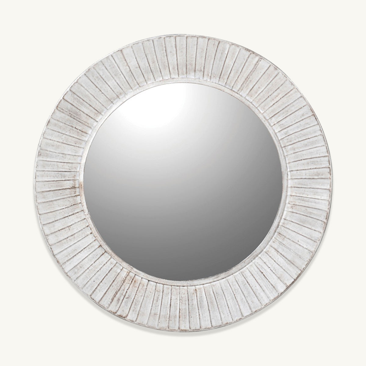 A washed white iron mirror with ridges around the circular frame.
