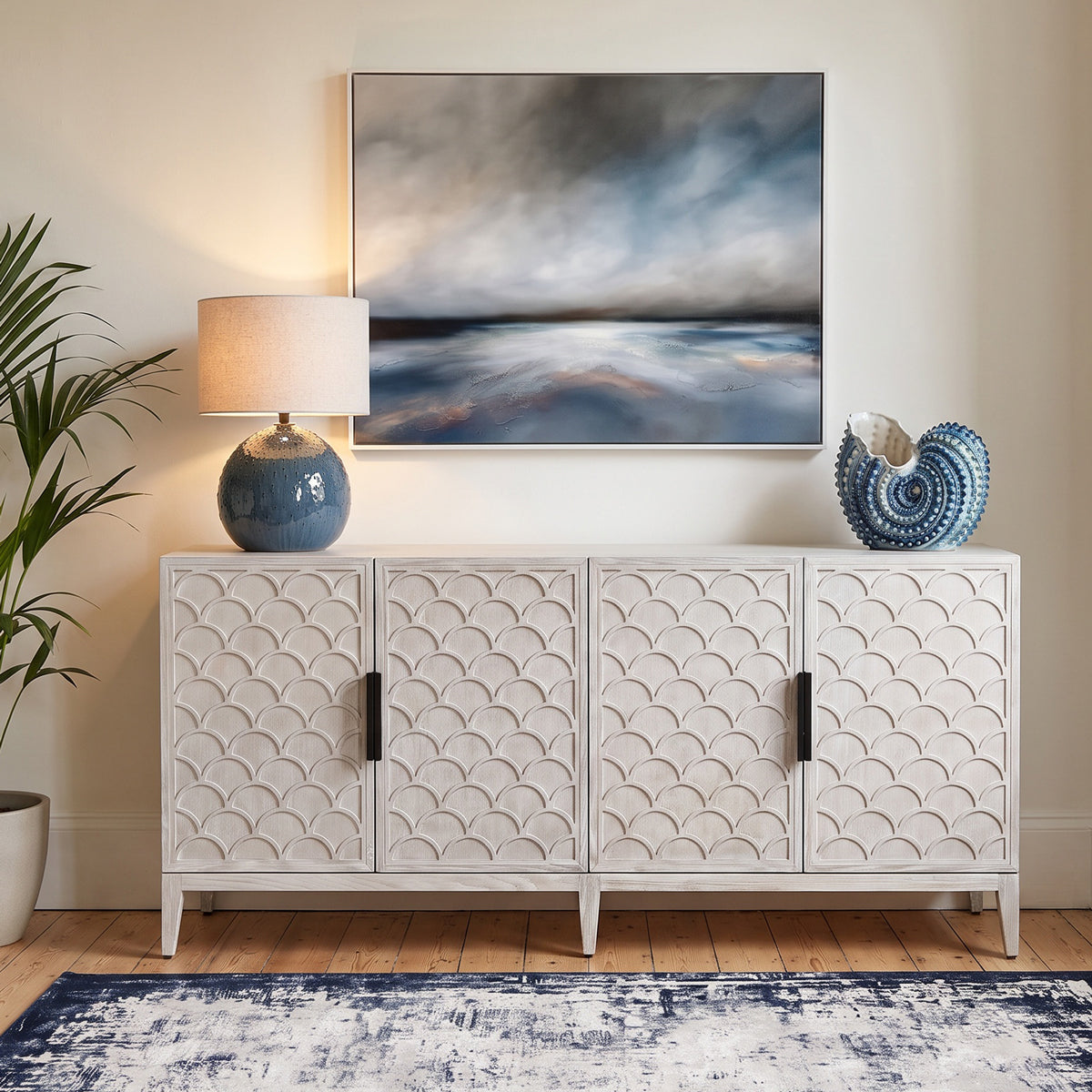 White Wash Scalloped 4 Door Sideboard