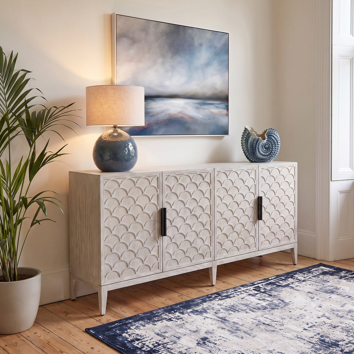White Wash Scalloped 4 Door Sideboard