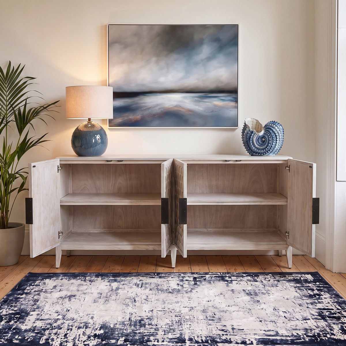 White Wash Scalloped 4 Door Sideboard