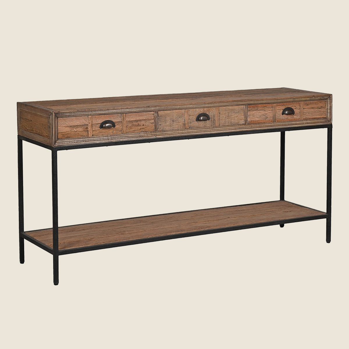A rustic industrial console table featuring a weathered brown wood top with five drawers, a black metal frame, and a lower wooden shelf, set against a solid light beige background.