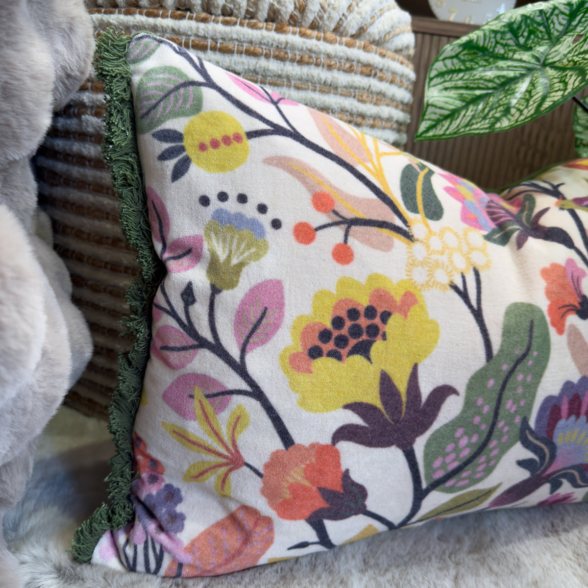 Cream Fringed Multicolour Floral Cushion - 40x60cm