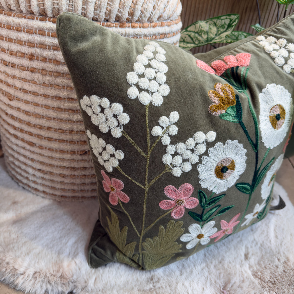 Olive Traditional Floral Embroidered Cushion -50x50cm