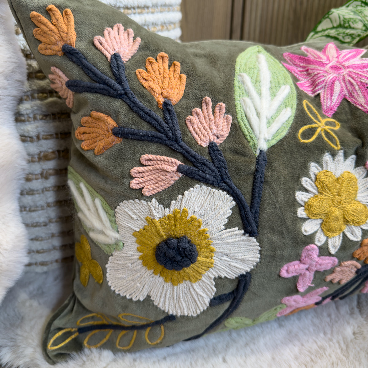 Pale Sage & Pink Floral Embroidered Cushion - 40X60cm