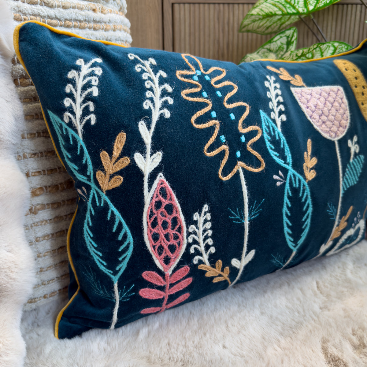Teal Embroidered Floral Cushion - 40X60cm