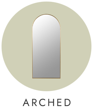 A pale green circular icon ith a gold framed arch mirror in the centre.