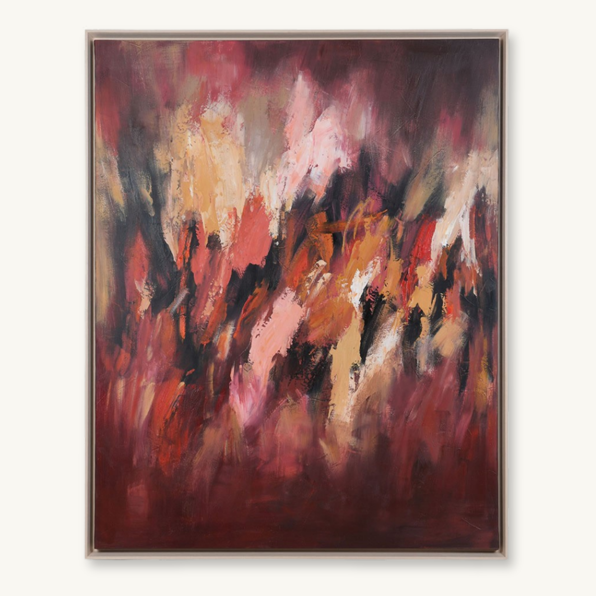 Framed abstract expressionist painting with fiery red, orange, pink, black, and cream brushstrokes, creating a dramatic, energetic mood.