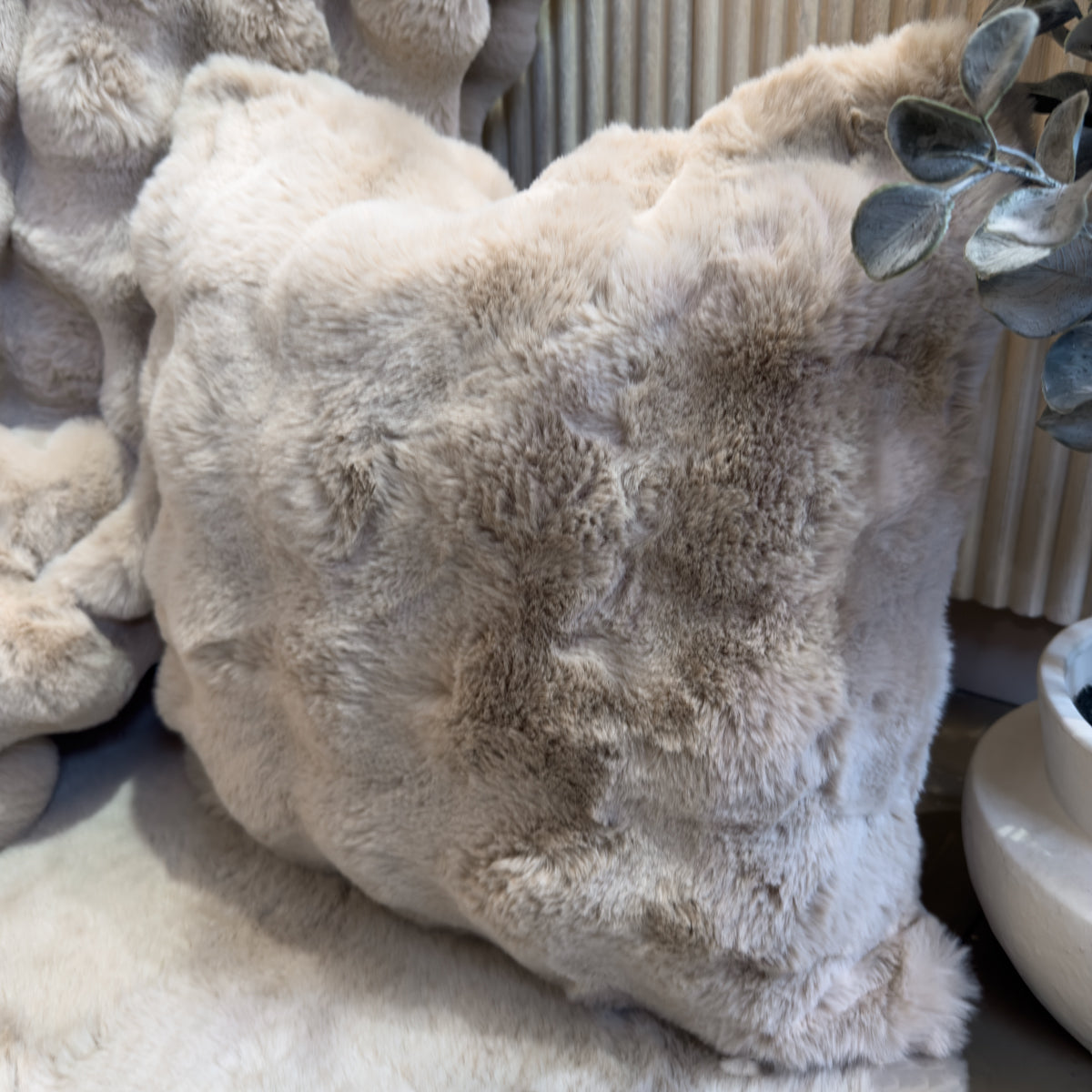 Luxe Beige Wavy Faux Fur Cushion - 50x50cm