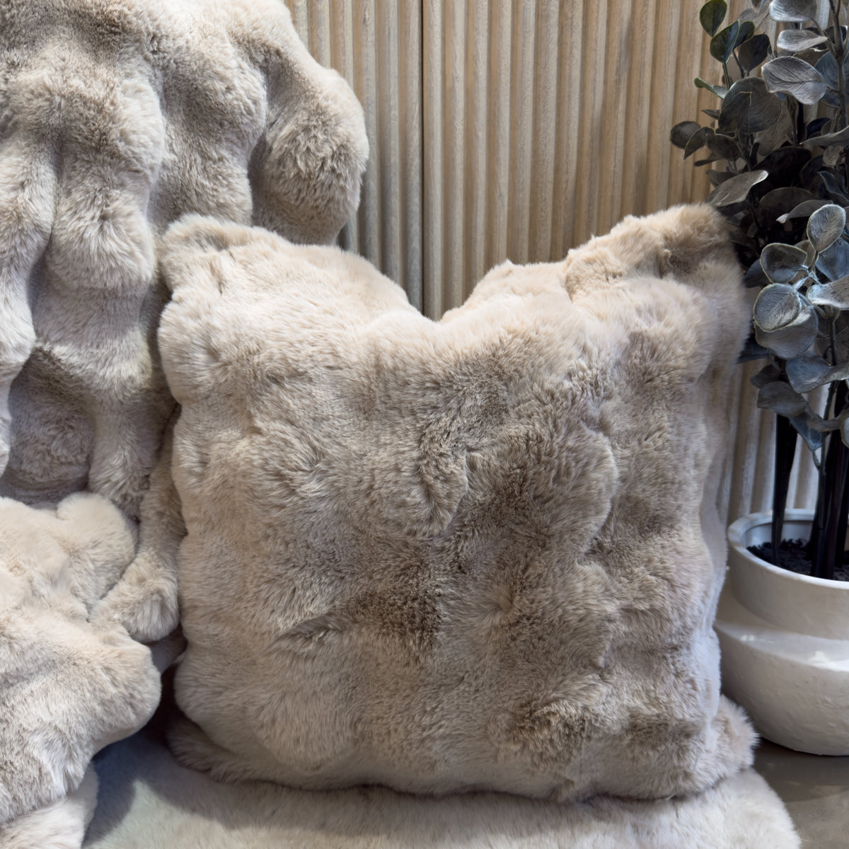 Luxe Beige Wavy Faux Fur Cushion - 50x50cm