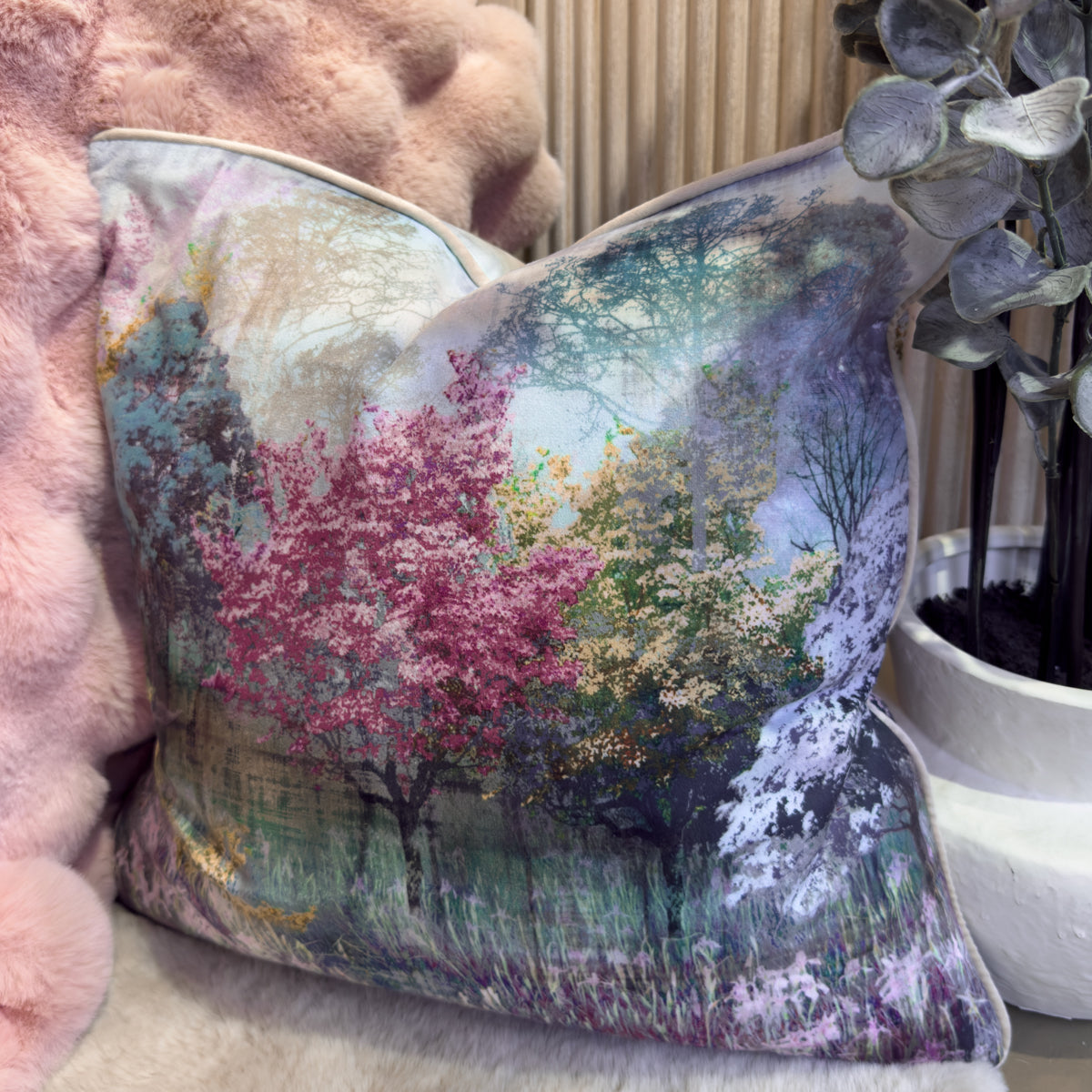 Blue & Pink Woodland Motif Cushion - 45x45cm