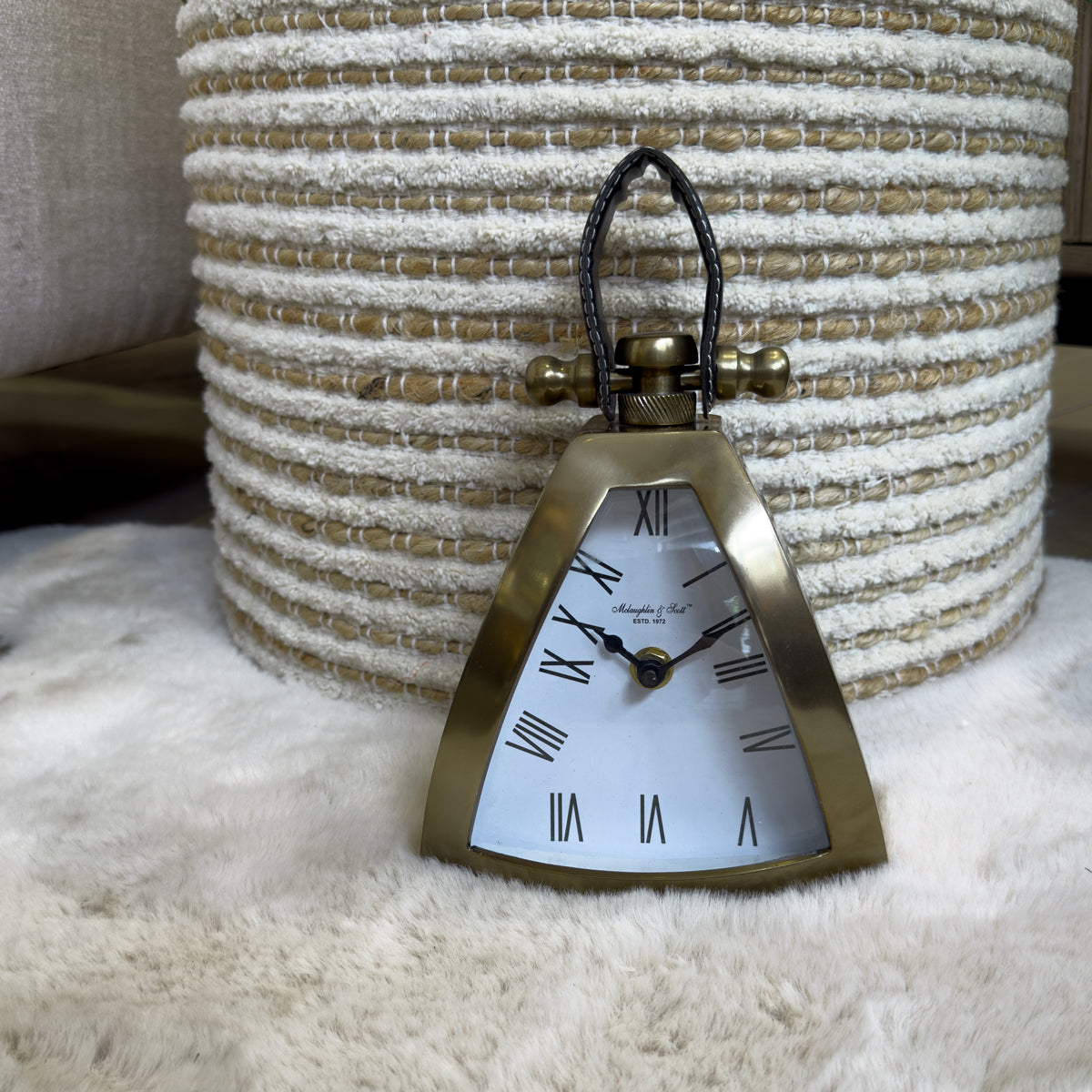 Triangular Brass Mantel Clock with Leather Handle - Small