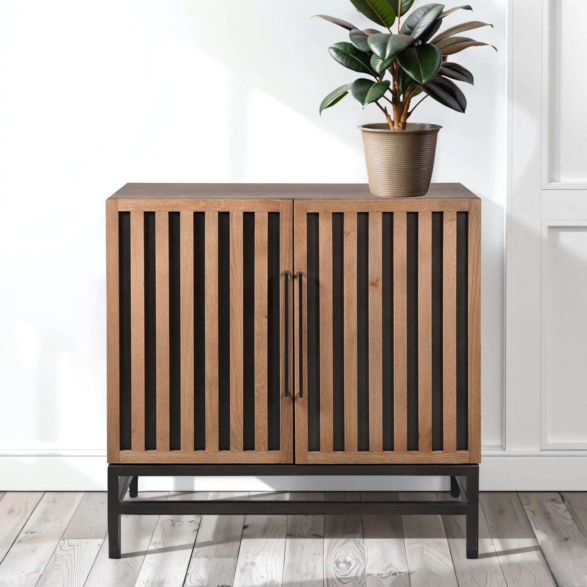 Wooden 2 door cabinet with slatted design and plant on a white background