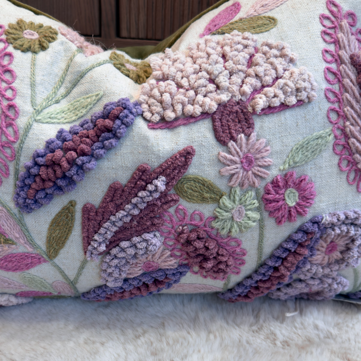 Cream Linen & Pastel Floral Embroidered Cushion - 40x60cm
