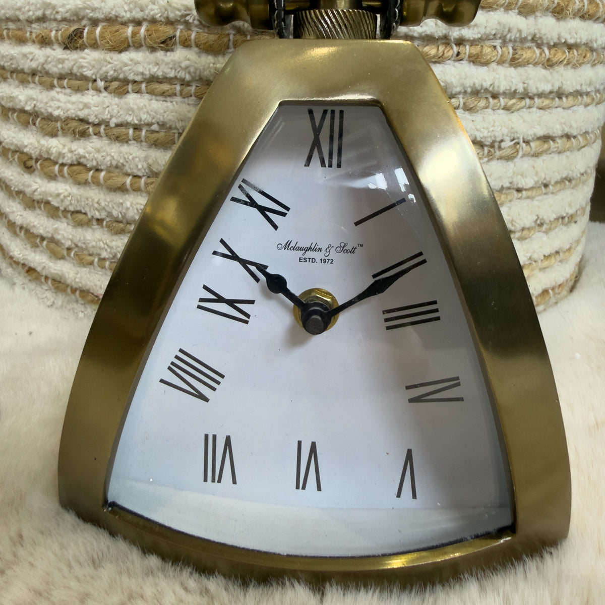 Triangular Brass Mantel Clock with Leather Handle - Small
