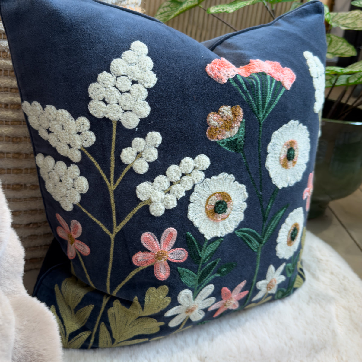 Navy Traditional Floral Embroidered Cushion -50x50cm