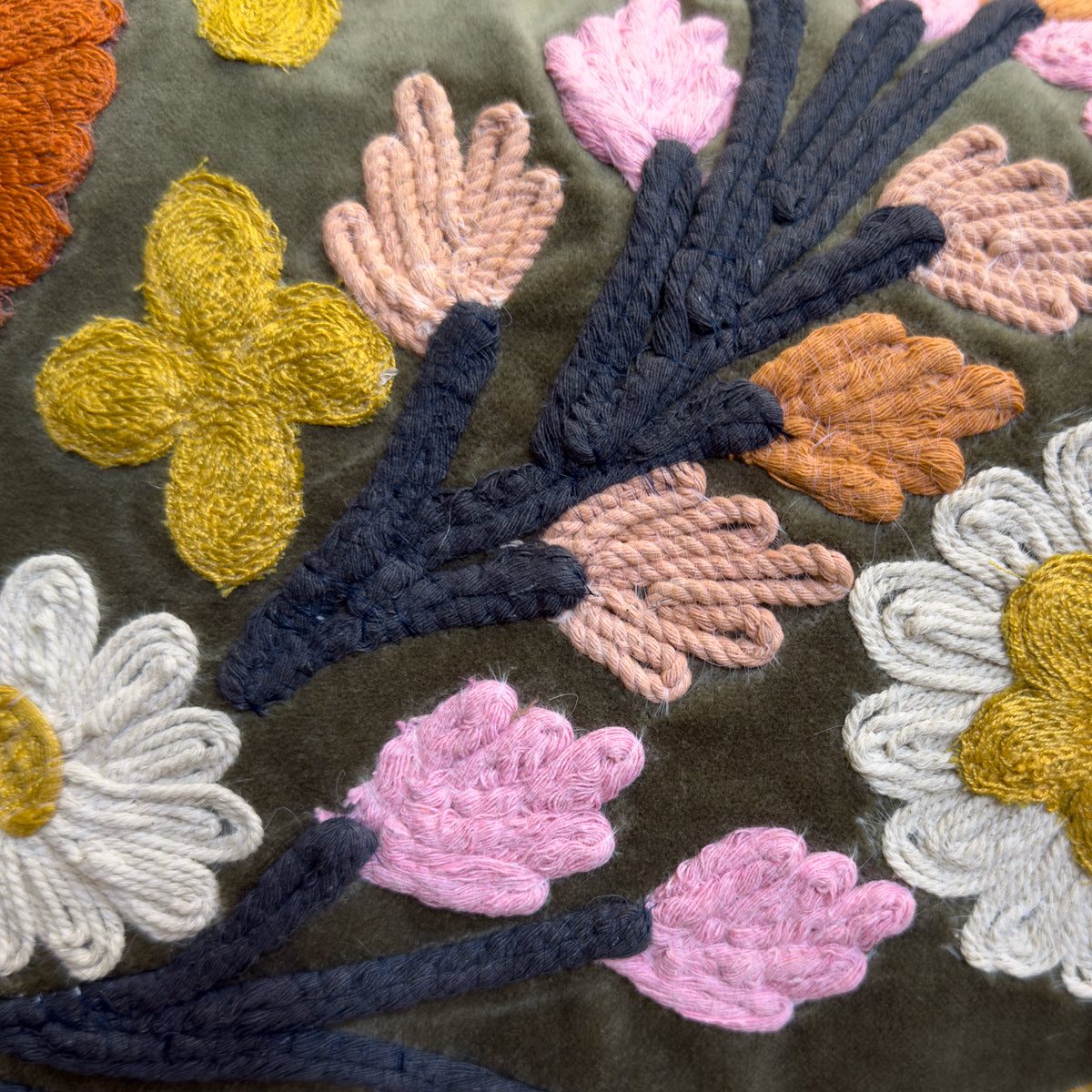 Pale Sage & Pink Floral Embroidered Cushion - 40X60cm