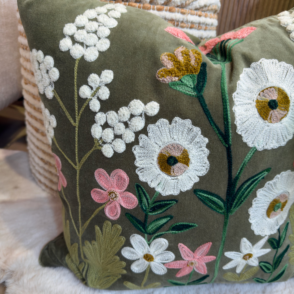 Olive Traditional Floral Embroidered Cushion -50x50cm