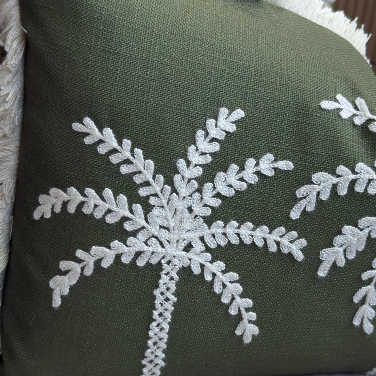 Olive & Cream Fringed Palm Cushion - 30x50cm