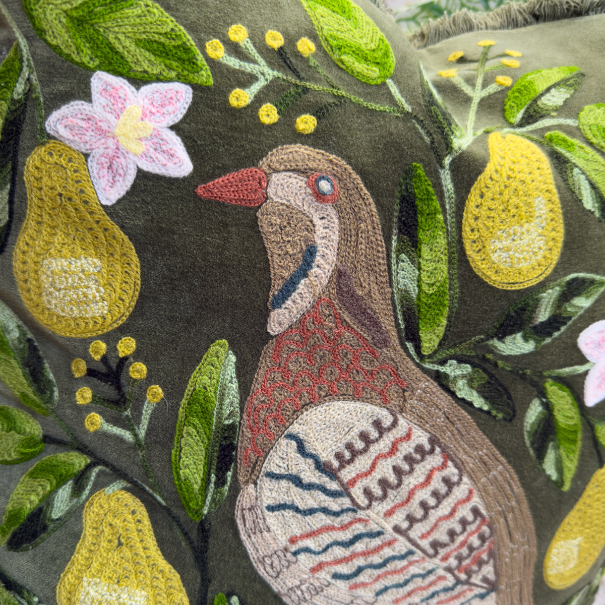Olive Green Partridge Embroidered Cushion -50x50cm