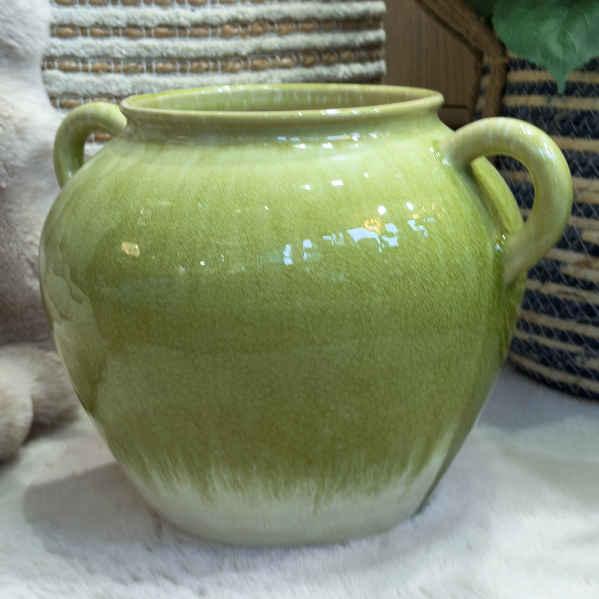 Green & White Ombre Glazed Handle Vase - Round