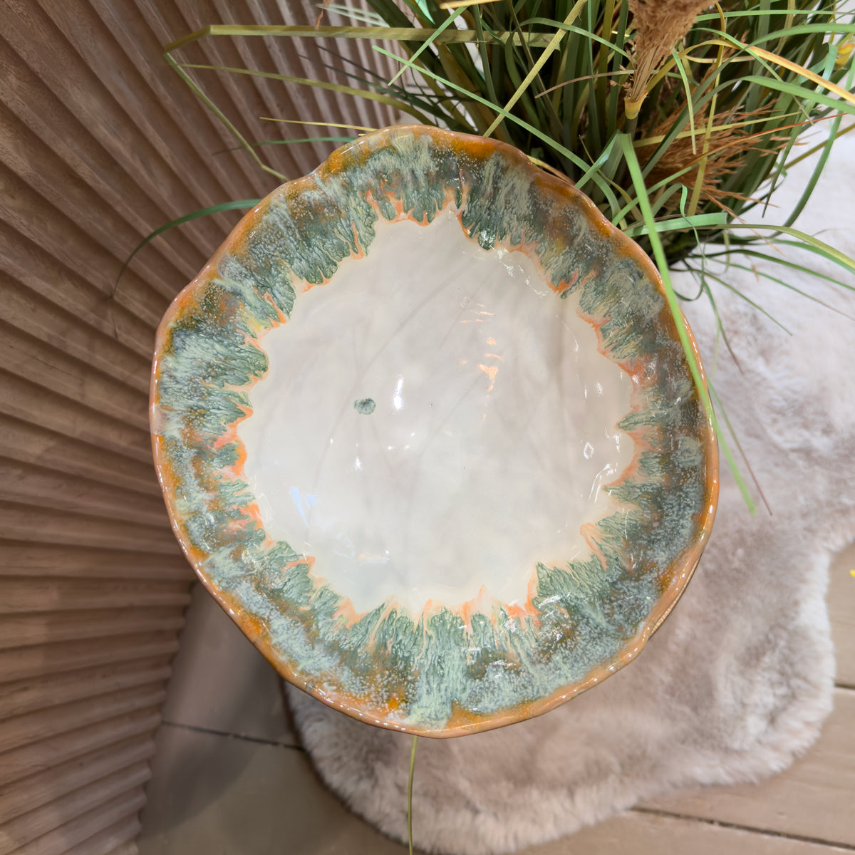 Green Melange Stoneware Bowl on Stand