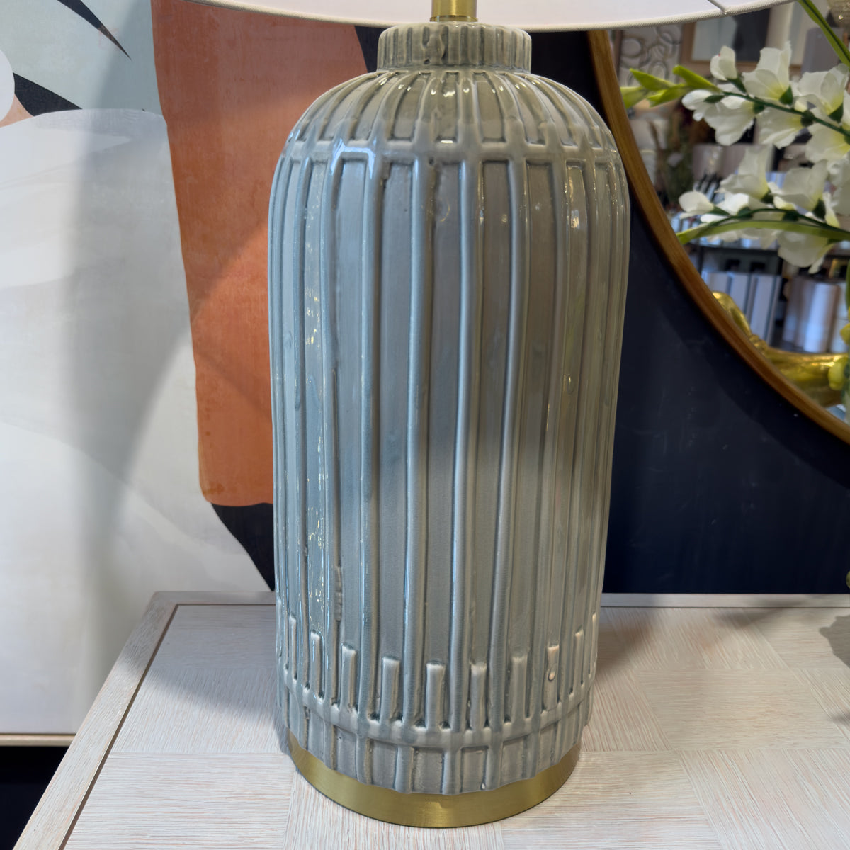 Glossy Grey Ribbed Ceramic Table Lamp