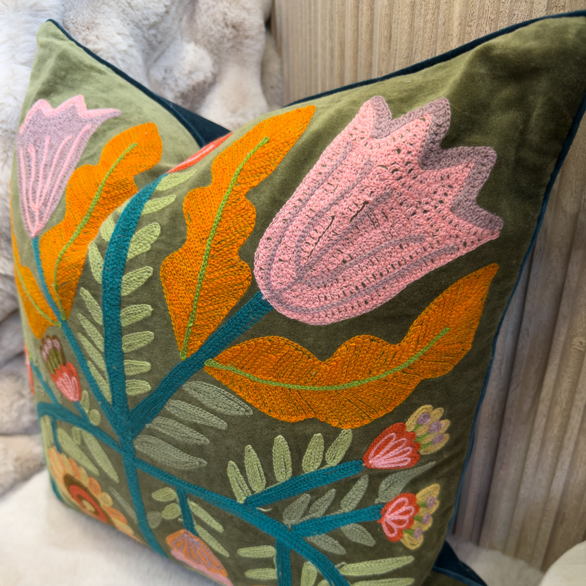 Moss Green & Multi Vintage Florals Cushion - 50x50cm