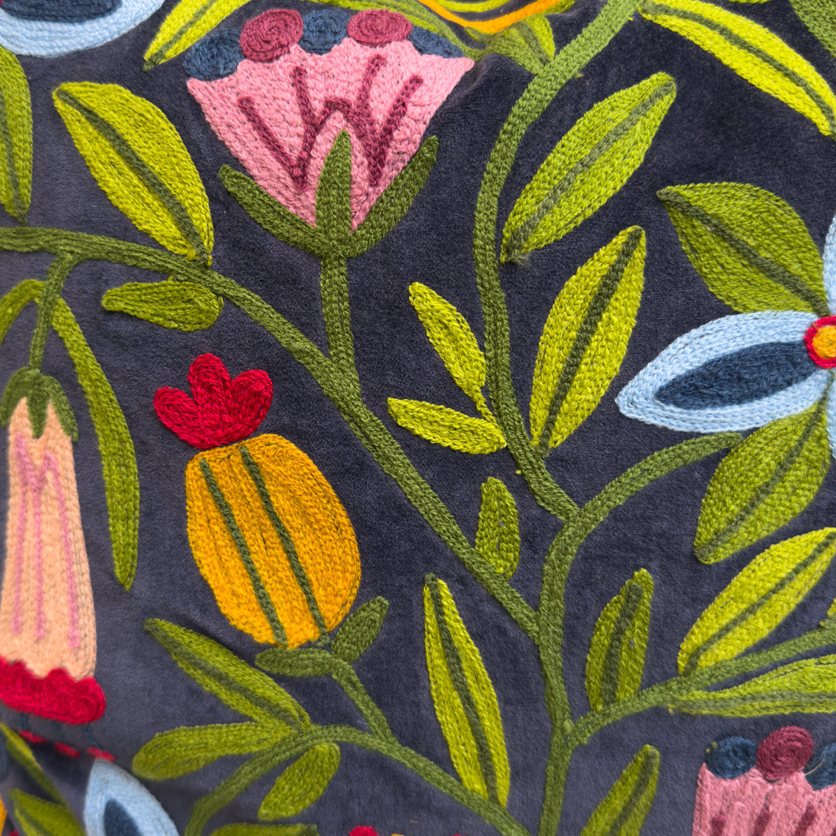 Navy Embroidered Tropical Flower Cushion - 50x50cm