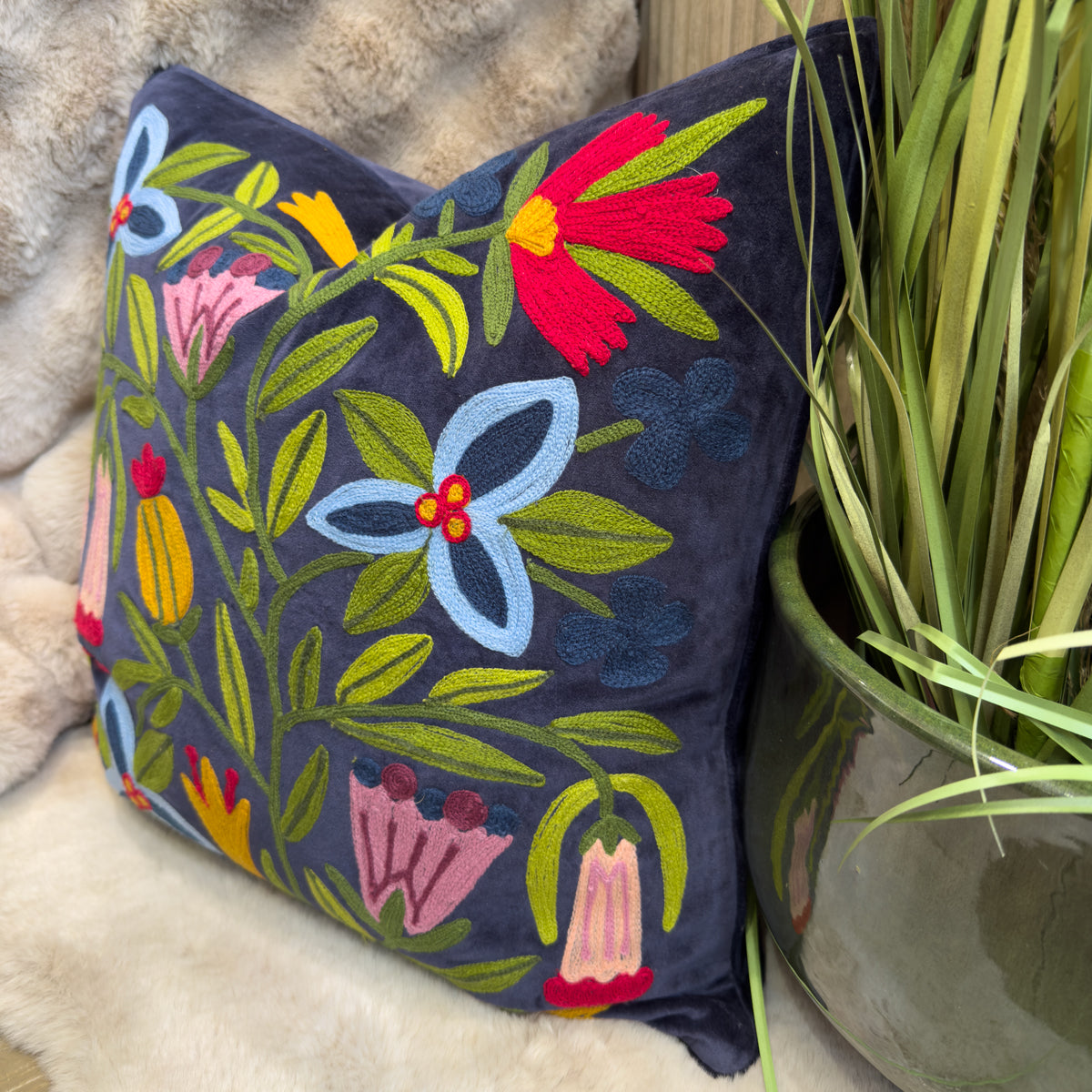 Navy Embroidered Tropical Flower Cushion - 50x50cm