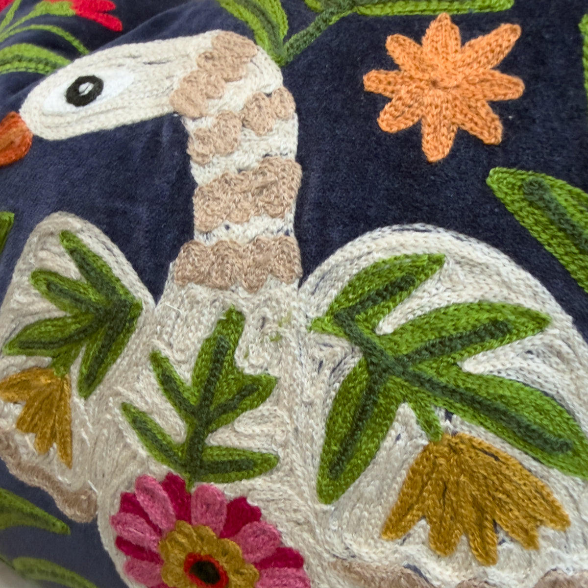 Navy Embroidered Swan & Floral Cushion - 40x60cm